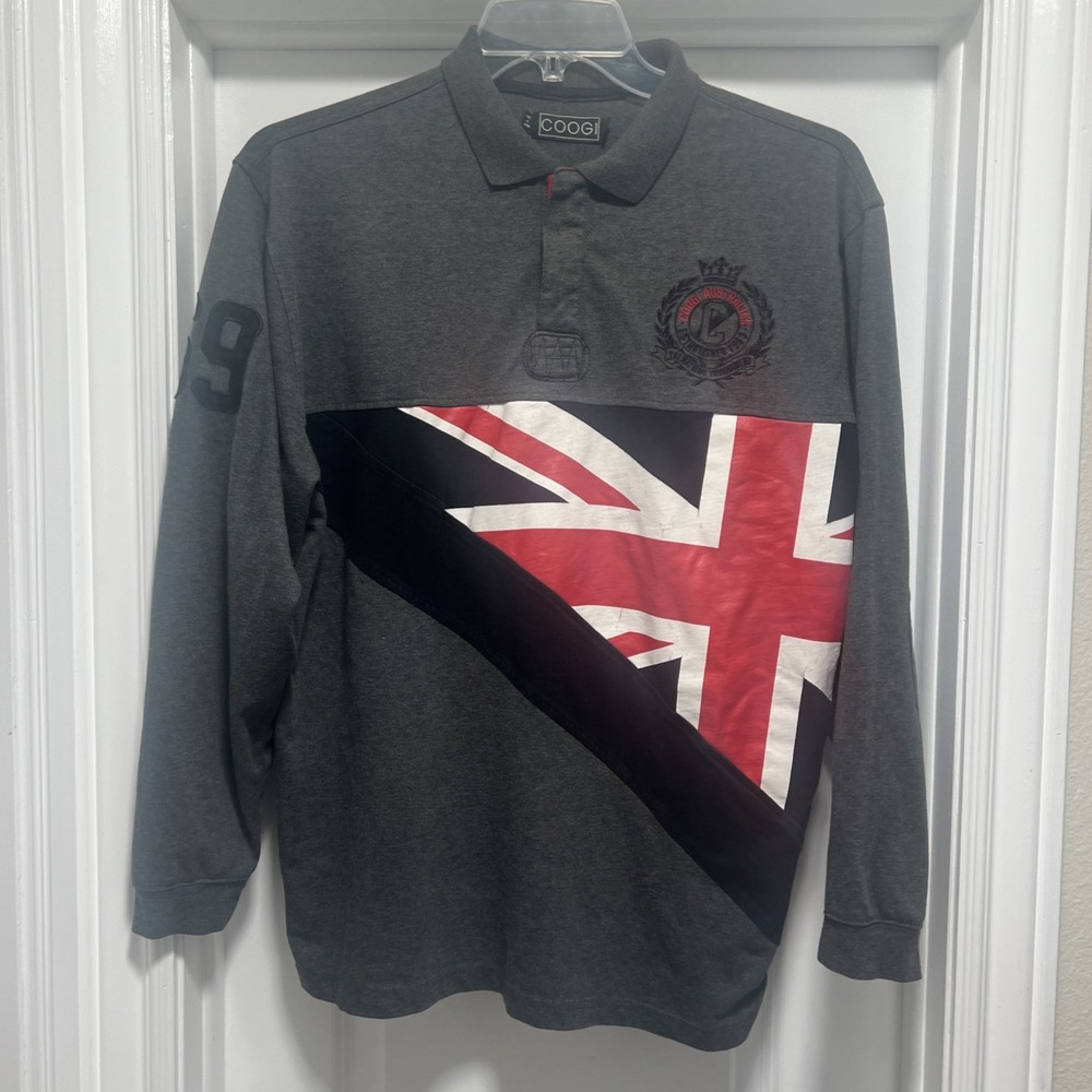 Coogi Australian Rugby Shirt LARGE Gray Flag Long Sleeve